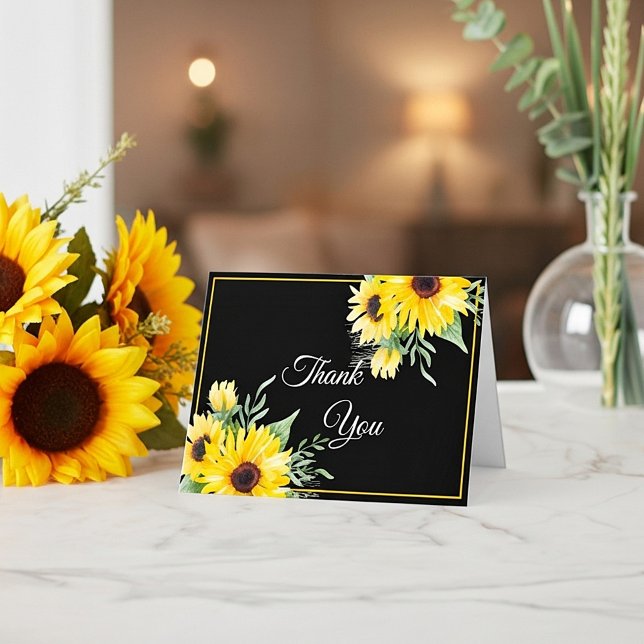 Carte De Remerciements Fleurs de soleil aquarelle sur mariage noir (Créateur téléchargé)