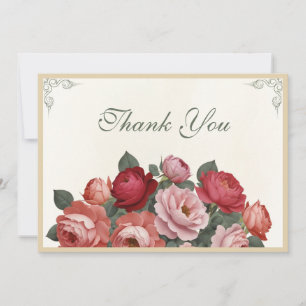 Carte De Remerciements Fleurs de style vintage - Roses roses rouges pêche