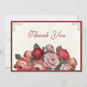 Carte De Remerciements Fleurs de style vintage - Roses roses rouges pêche