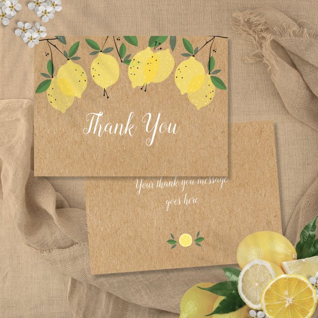 Carte De Remerciements Fleurs de verdure citron Kraft Bohème rustique (Lemons Greenery Floral Rustic Kraft Boho Thank You Card)