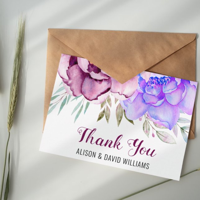 Carte De Remerciements Fleurs d'eau violet et bleu mariage fleuri (Créateur téléchargé)