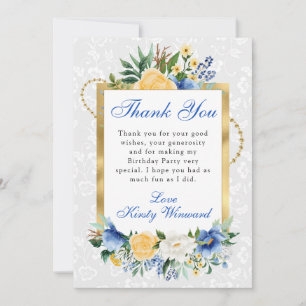 Carte De Remerciements Fleurs d'été bleues et jaunes Feuille d'or Anniver