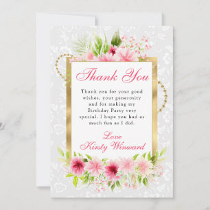 Carte De Remerciements Fleurs d'été roses aquarelle Anniversaire or