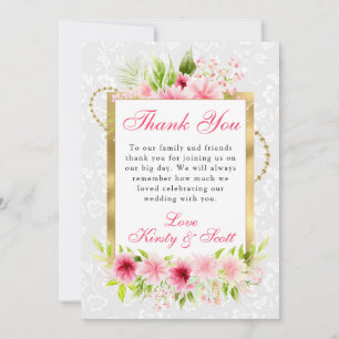 Carte De Remerciements Fleurs d'été roses aquarelle mariage feuille d'or