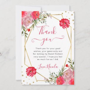 Carte De Remerciements Fleurs d'été roses cadre Sweet 16