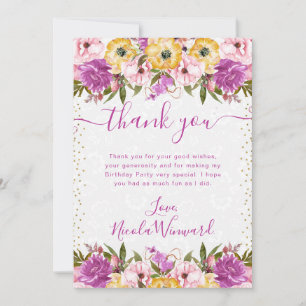 Carte De Remerciements Fleurs d'été roses et jaunes pour anniversaire