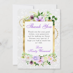 Carte De Remerciements Fleurs d'été violettes et crème Sweet 16 or
