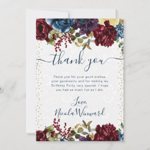 Carte De Remerciements Fleurs d'hiver rouges et navy pour anniversaire