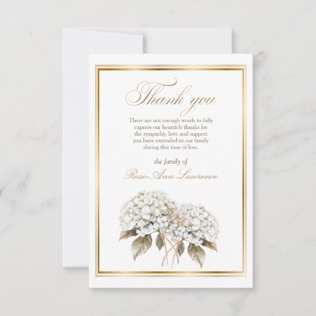 Carte De Remerciements Fleurs d'hydrangea blanches élégantes cadre doré (Devant)
