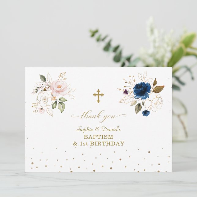 Carte De Remerciements Fleurs d'or rose bleu Jumeaux 1er anniversaire Bap (Debout devant)