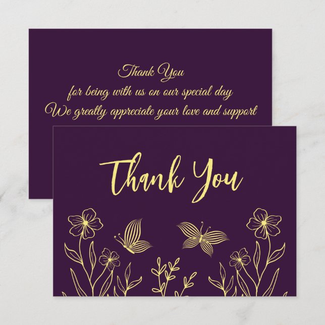 Carte De Remerciements Fleurs dorées simples mariage violet (Devant / Derrière)