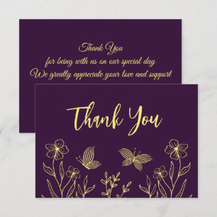 Carte De Remerciements Fleurs dorées simples mariage violet