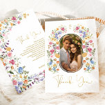 Carte De Remerciements Fleurs du jardin de printemps colorées Mariage Pho<br><div class="desc">Cet élégant design présente des fleurs sauvages d'aquarelle joyeux mêlés à un feuillage verdoyant. Personnalisez la carte avec vos détails et votre photo,  et si vous voulez réorganiser le style et l'emplacement du texte,  veuillez appuyer sur le bouton "Cliquez pour customiser plus loin".</div>