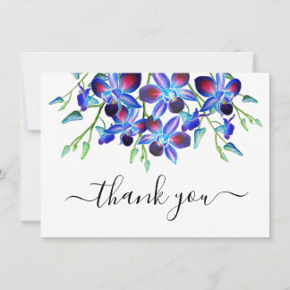 Carte De Remerciements Fleurs Élégantes Aquarelle Orchidées Bleues Script