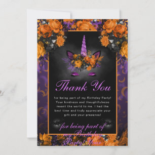 Carte De Remerciements Fleurs élégantes d'Halloween Licorne Quinceanera