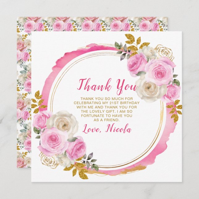 Carte De Remerciements Fleurs élégantes roses et or brillantes Anniversai (Devant / Derrière)