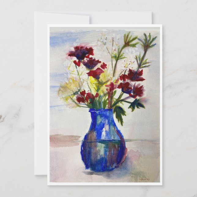 Carte De Remerciements Fleurs en Aquarelle Vase Bleu Imprimer (Devant)