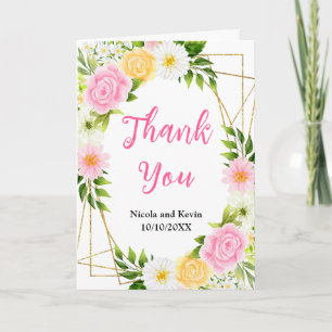 Carte De Remerciements Fleurs et feuillage roses et jaunes d'été