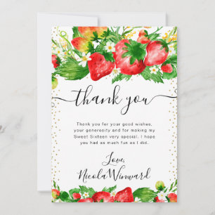 Carte De Remerciements Fleurs et fraises à l'aquarelle pour un Sweet 16