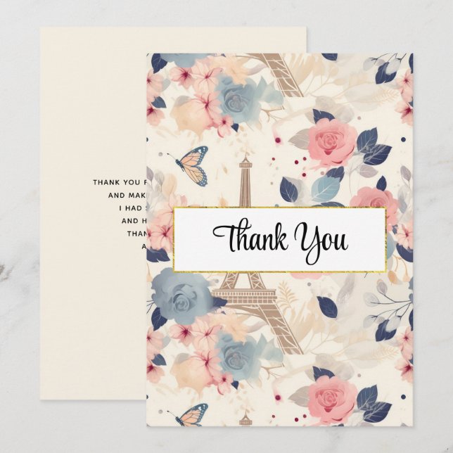 Carte De Remerciements Fleurs et Tour Eiffel Motif Paris (Devant / Derrière)