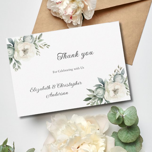 Carte De Remerciements Fleurs florales blanches Mariage de verdure botani (White Floral Flowers Greenery Botanical Watercolor Wedding Thank you card)
