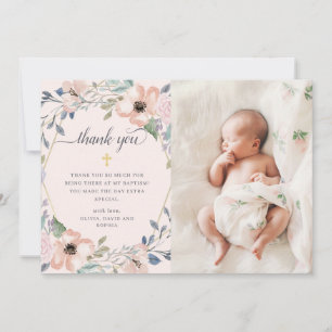 Carte De Remerciements Fleurs géométriques aquarelle rose   Photo Baptême