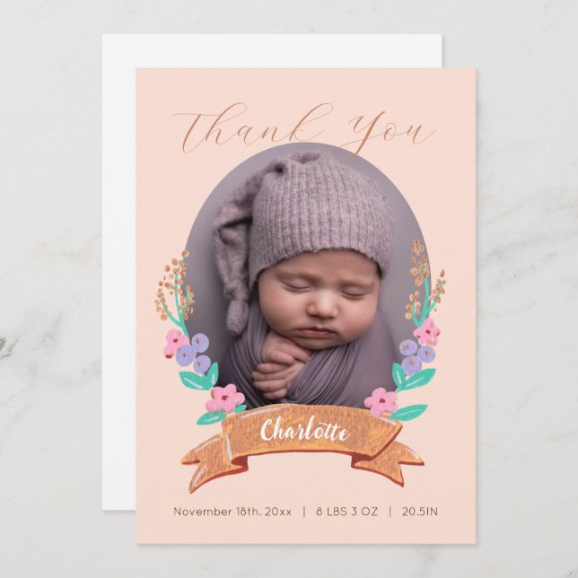 Carte De Remerciements Fleurs gracieuses Floral Wreath photo bébé (Devant / Derrière)