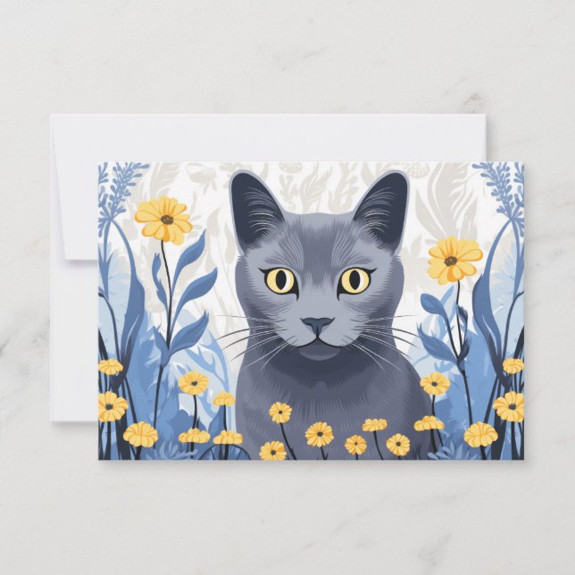Carte De Remerciements Fleurs Jaunes Chat Bleu Russe (Devant)