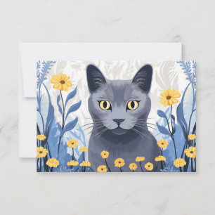 Carte De Remerciements Fleurs Jaunes Chat Bleu Russe