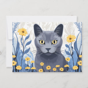 Carte De Remerciements Fleurs Jaunes Chat Bleu Russe