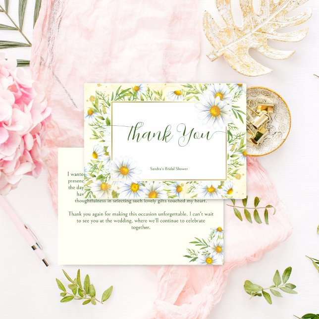 Carte De Remerciements Fleurs marguerites sauvages printemps nuptiale (Wild daisy flowers spring summer bridal shower thank you card green yellow floral thank you cards)