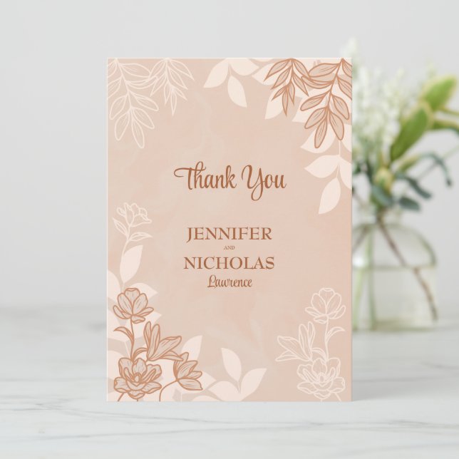 Carte De Remerciements Fleurs modernes et ornements Feuille pour Mariage (Debout devant)