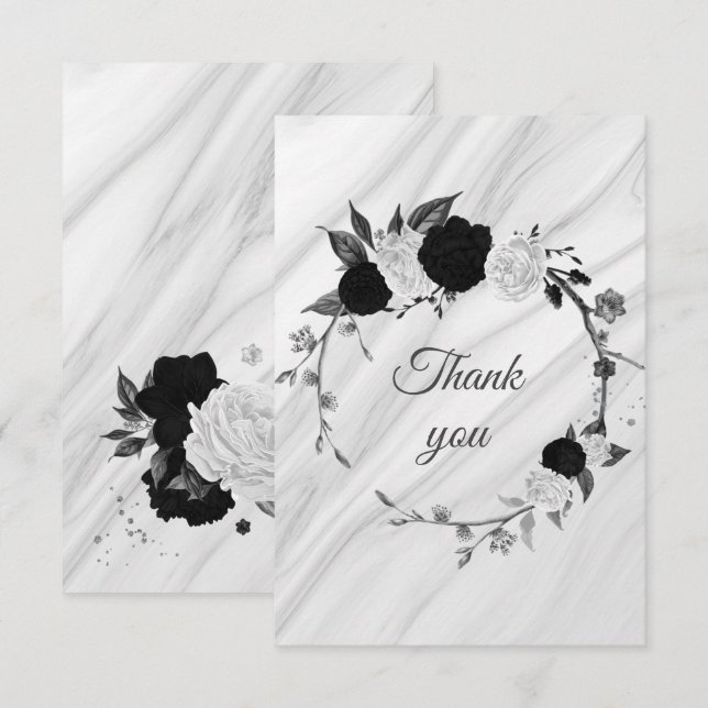 Carte De Remerciements fleurs noires et blanches marbre botanique (Devant / Derrière)