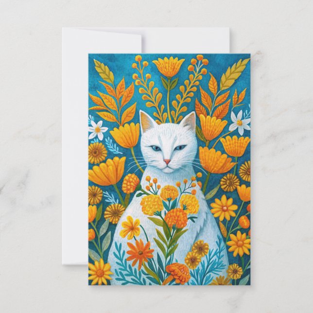 Carte De Remerciements Fleurs orange et chat blanc (Devant)