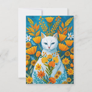 Carte De Remerciements Fleurs orange et chat blanc