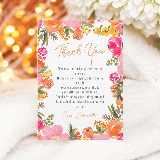 Carte De Remerciements Fleurs orange modernes et audacieuses, écriture ma (Modern bold orange flowers script bridal shower thank you card)
