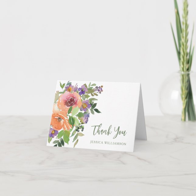 Carte De Remerciements Fleurs orange violet personnalisé plié pour la dou (Devant)