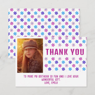 Carte De Remerciements Fleurs Pailletées Roses Colorées Photo de Fille d'