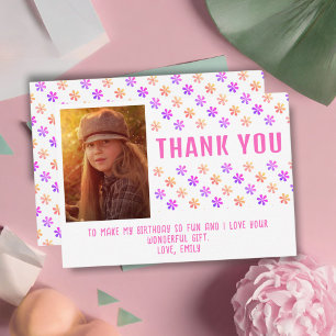 Carte De Remerciements Fleurs Pailletées Roses Colorées Photo Fille Anniv