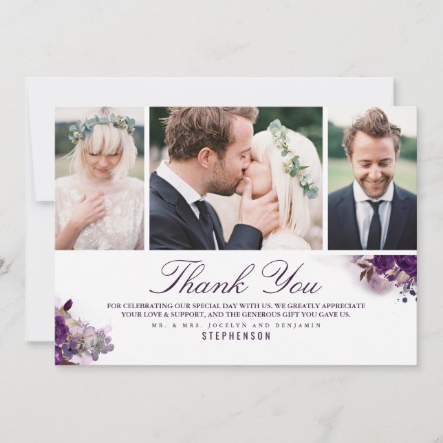Carte De Remerciements Fleurs pourpres d'aubergine Mariage 3 Photos (Devant)