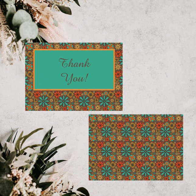 Carte De Remerciements Fleurs Rétro Marron Turquoise Rouge floral groovy  (Créateur téléchargé)