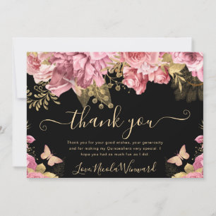 Carte De Remerciements Fleurs rose et or aquarelle Quinceanera