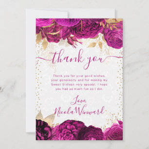 Carte De Remerciements Fleurs rose et or aquarelle Sweet 16