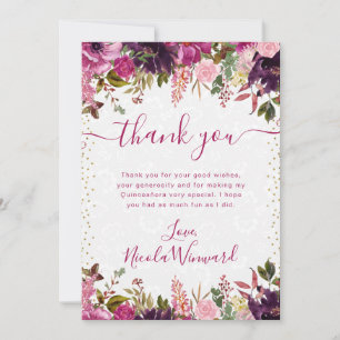 Carte De Remerciements Fleurs rose et violette aquarelle pour Quinceanera