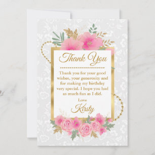 Carte De Remerciements Fleurs roses à l'aquarelle et feuille d'or Sweet S