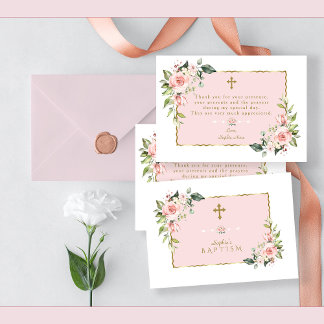 Carte De Remerciements Fleurs Roses Blush Gold Frame Cross Baptême