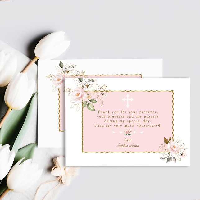 Carte De Remerciements Fleurs Roses Blush Gold Frame Cross Baptême (Créateur téléchargé)