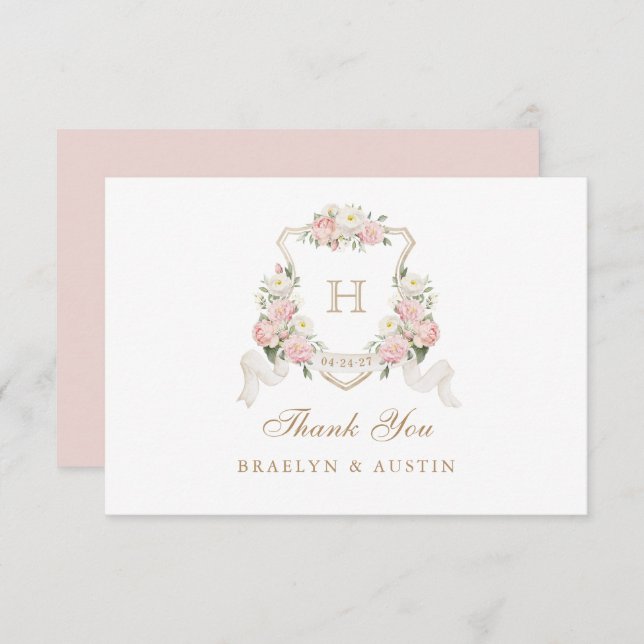 Carte De Remerciements Fleurs Roses Blush Végétalisation Blason Monogramm (Devant / Derrière)