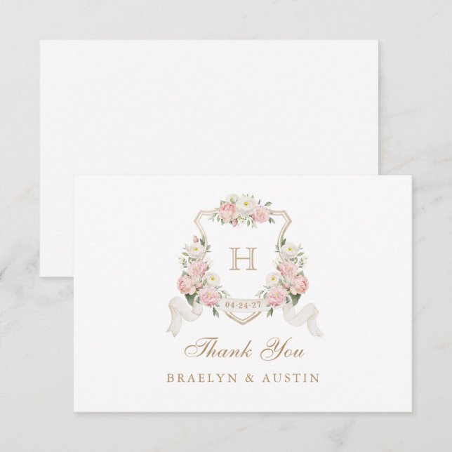 Carte De Remerciements Fleurs Roses Blush Végétalisation Blason Monogramm (Devant / Derrière)
