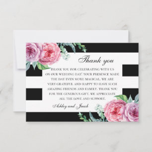 Carte De Remerciements Fleurs roses bohèmes. Mariage floral noir et blanc
